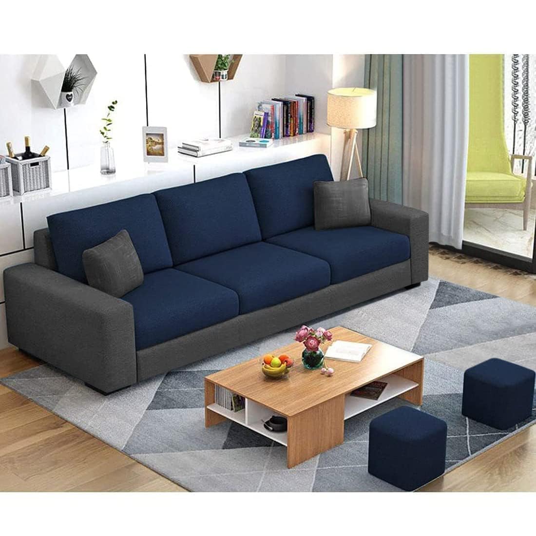 FURNY Rivona 3 Seater Fabric Sofa Set with 2 Puffy 