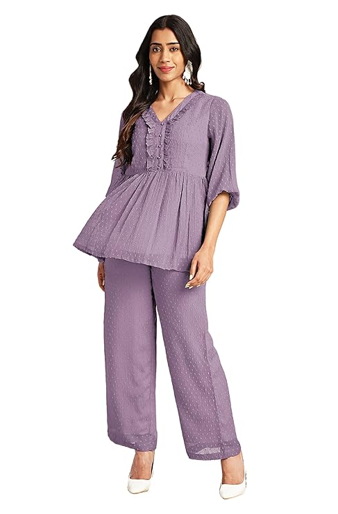 Janasya Women's Dobby Chiffon Woven Design Set