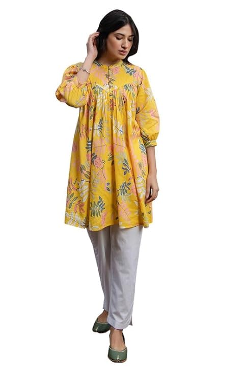 Janasya Women's Yellow Cotton Trophical Gathered 