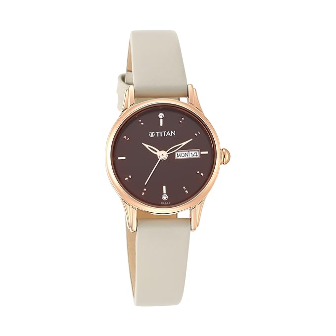 Titan Women's Studded Brown Dial Leather Watch 